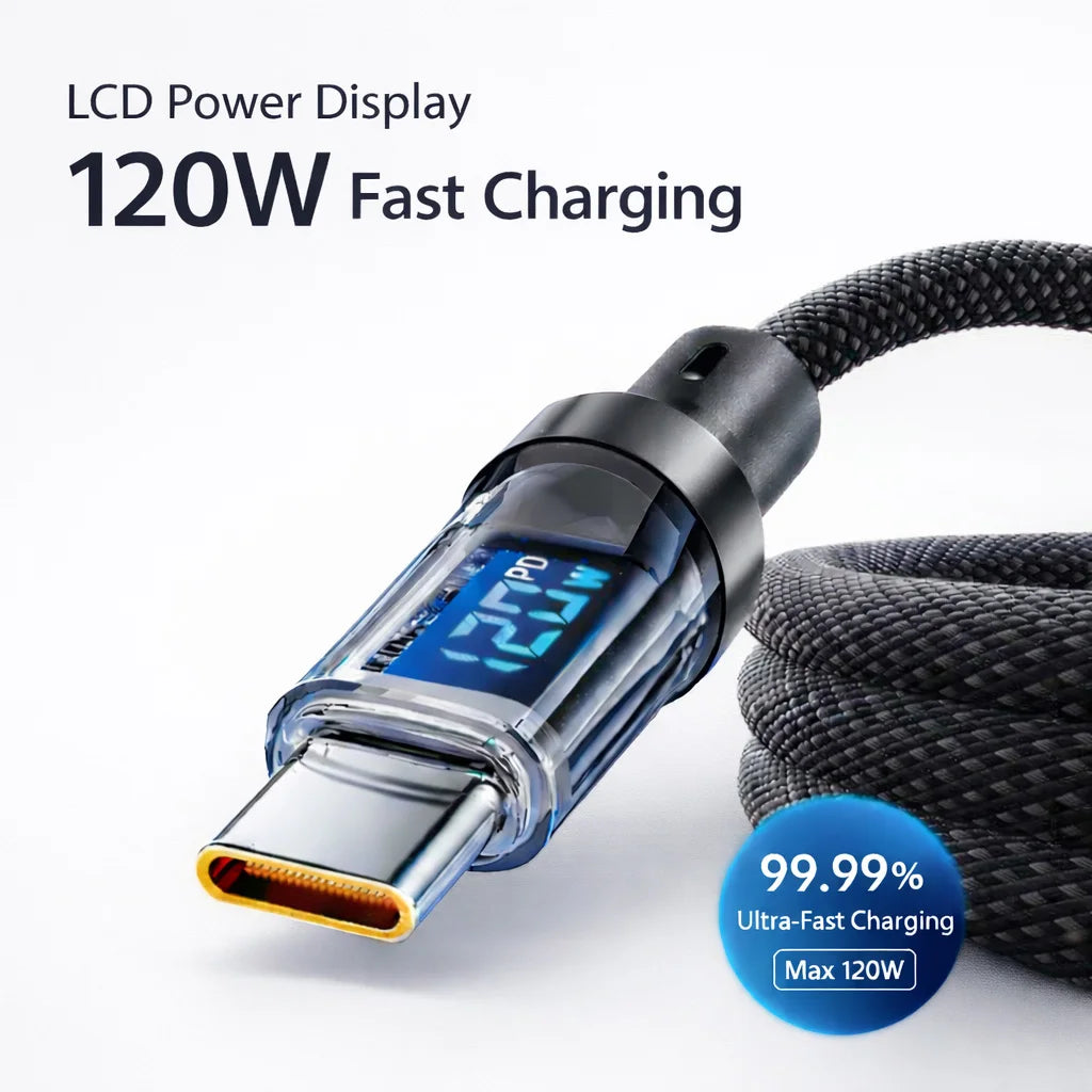 100W 120W USB C Cable Fast Charging Cord with LED Display, USB a to C & C to C Charger Cable High Speed Type C Cable for Phone