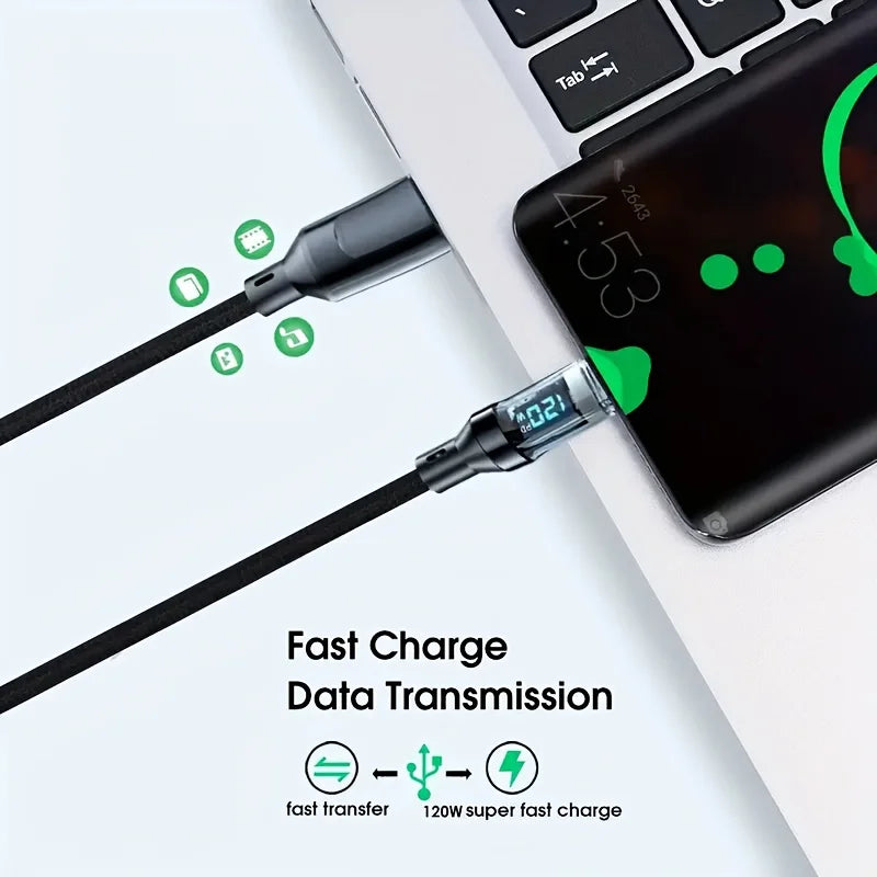 100W 120W USB C Cable Fast Charging Cord with LED Display, USB a to C & C to C Charger Cable High Speed Type C Cable for Phone